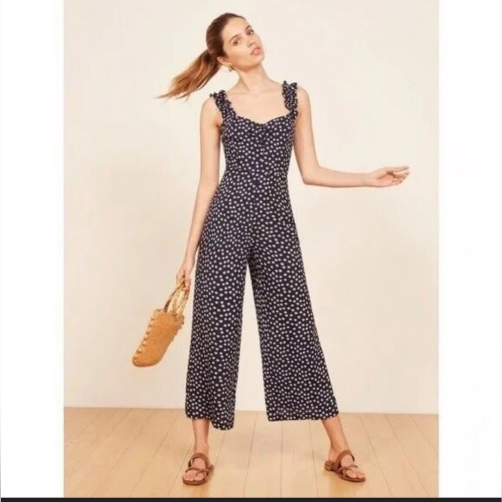 Reformation Navy and White Polka Dot Jumpsuit